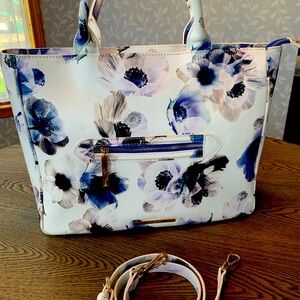 Floral White and Blue Leather Tote Bag with Gold Accents